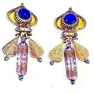 Huge vintage middle eastern style huge gold- blue glass clip back earrings